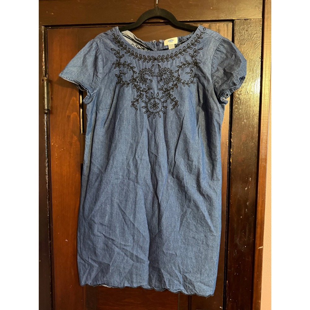 Old Navy Jean Denim Embroidered Shift Dress Blue Medium Wash Scalloped Hem